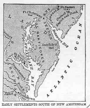 Map showing Early Settlements South of New Amsterdam