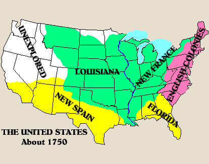 Historical map of the United States in 1750 showing European Claims
