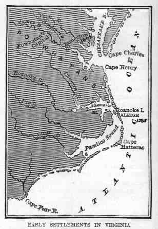 Map showing Early Settlements in Virginia